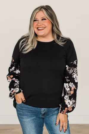 One To Remember Floral Sleeve Top- Black