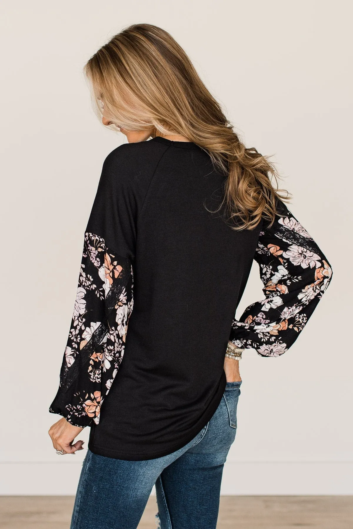 One To Remember Floral Sleeve Top- Black