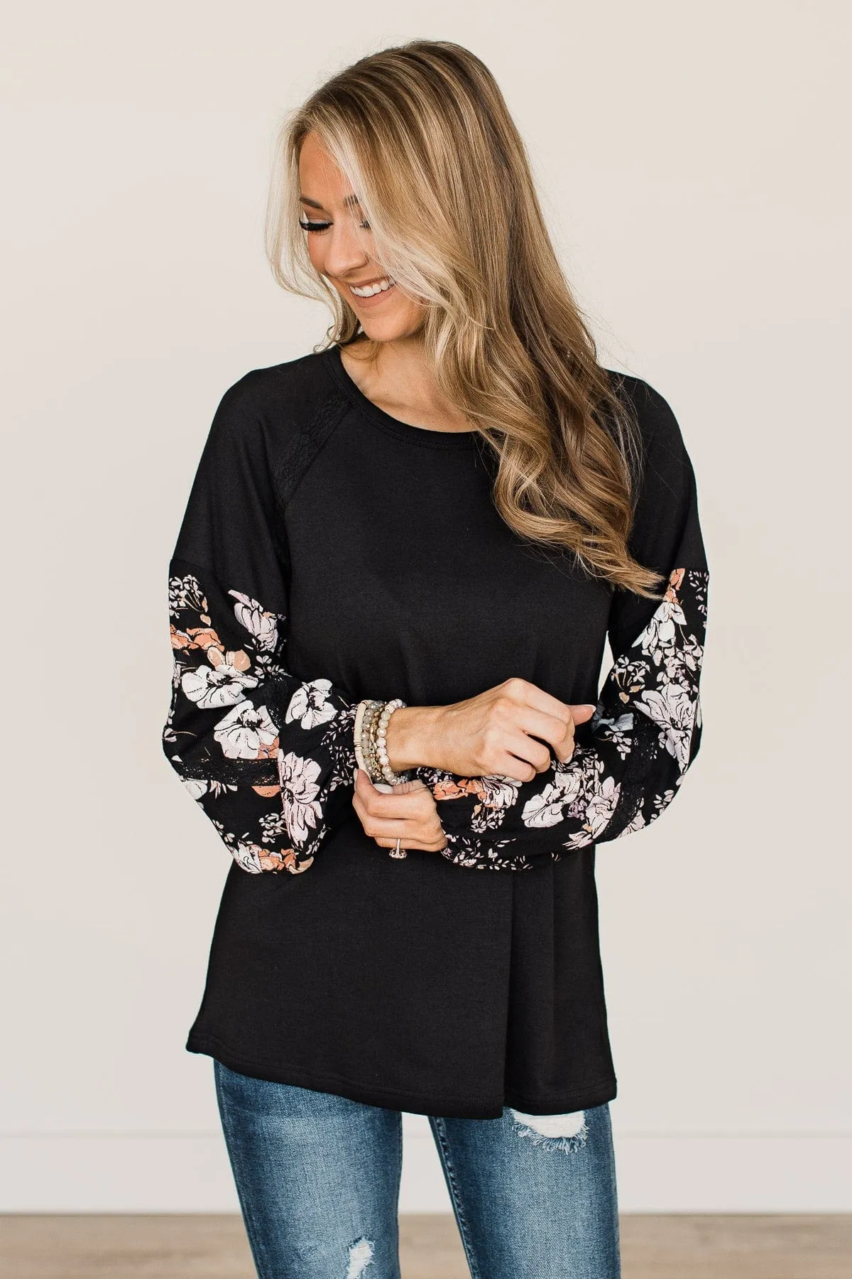 One To Remember Floral Sleeve Top- Black