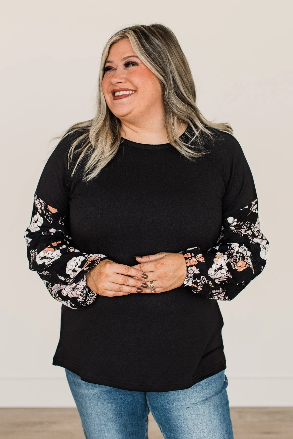 One To Remember Floral Sleeve Top- Black