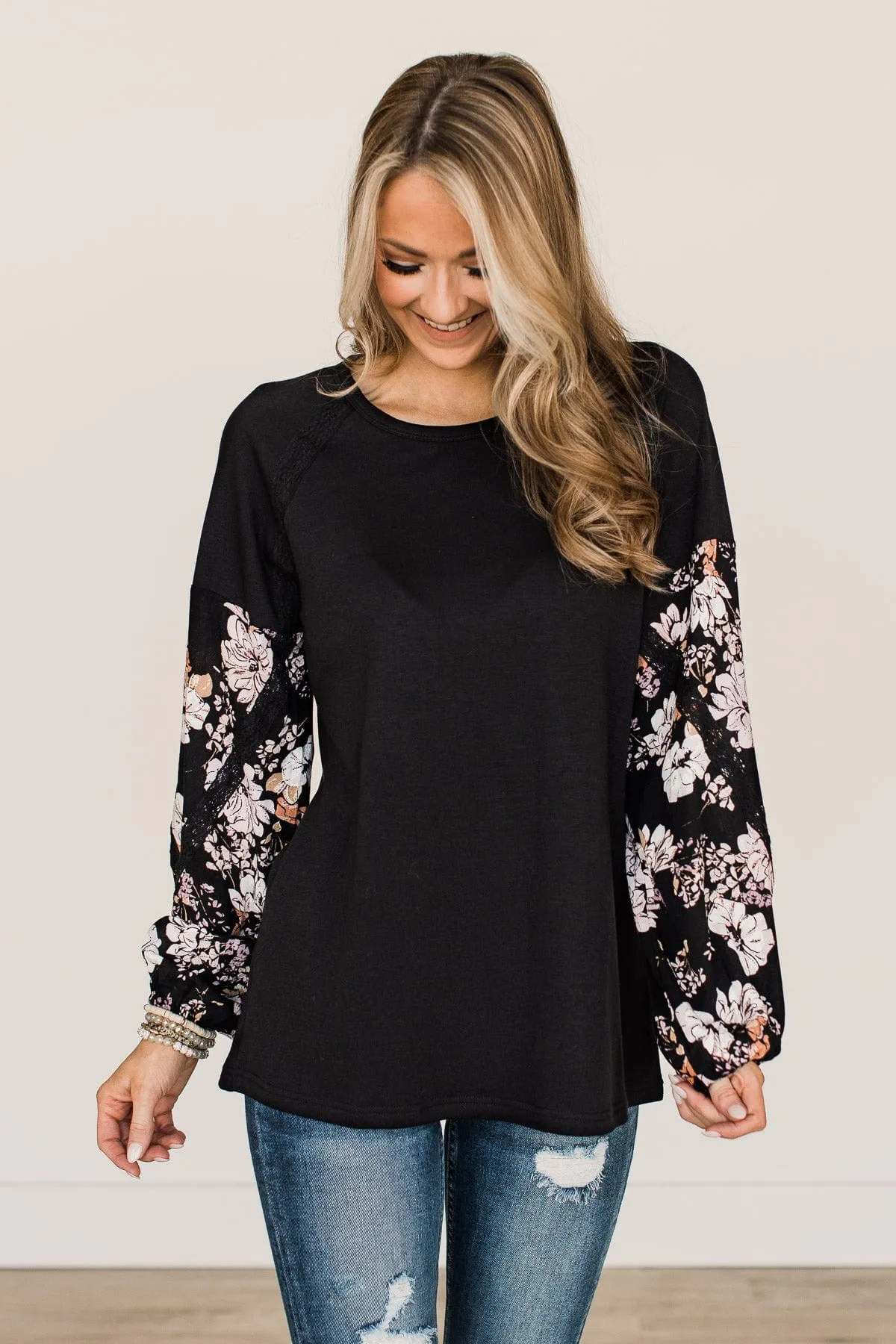One To Remember Floral Sleeve Top- Black