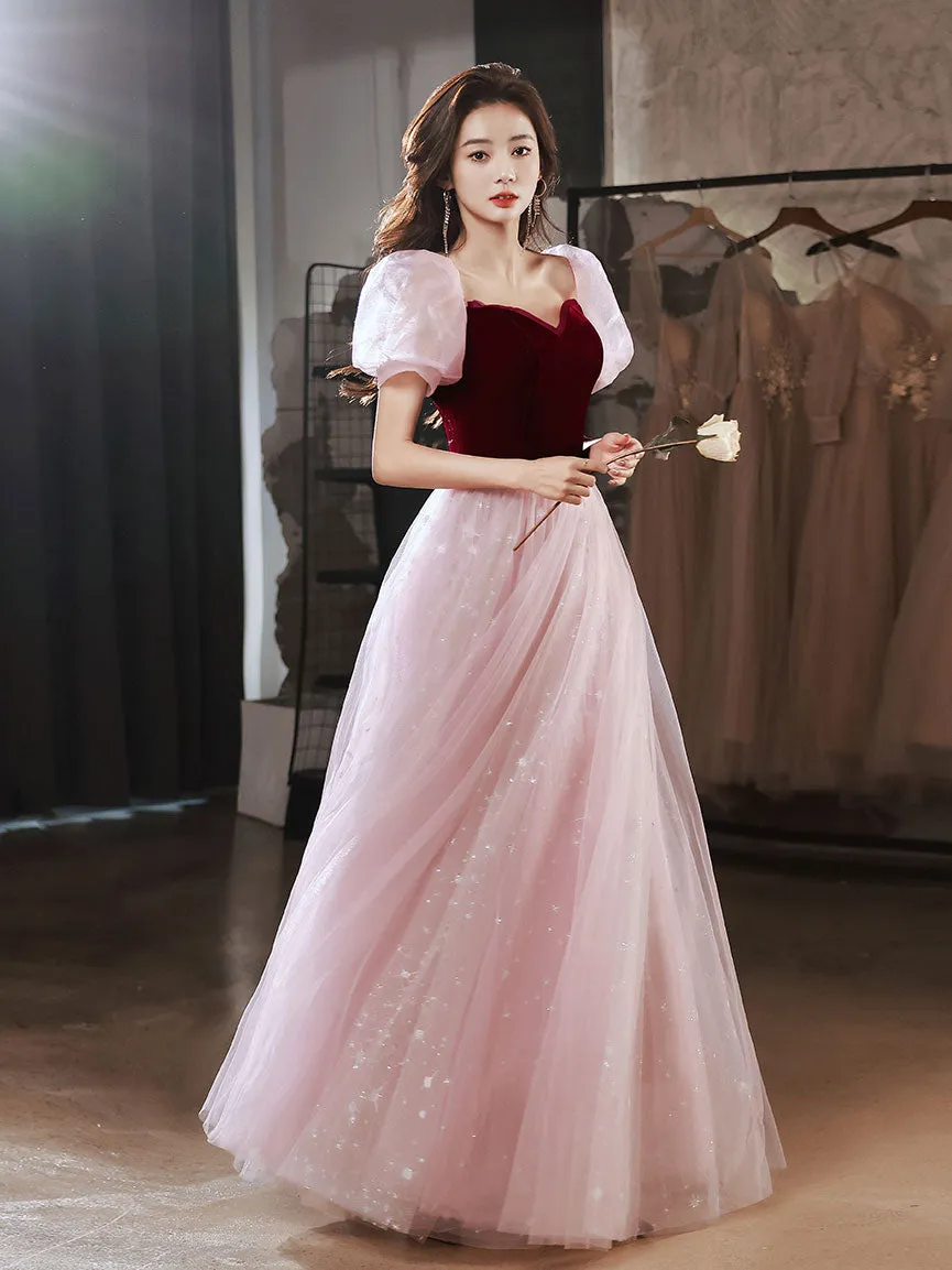 Pink A line velvet long prom dress pink tulle long evening dress