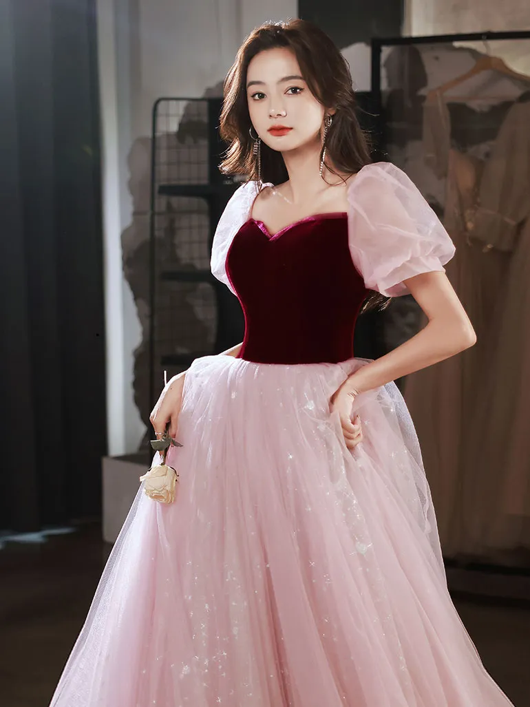 Pink A line velvet long prom dress pink tulle long evening dress