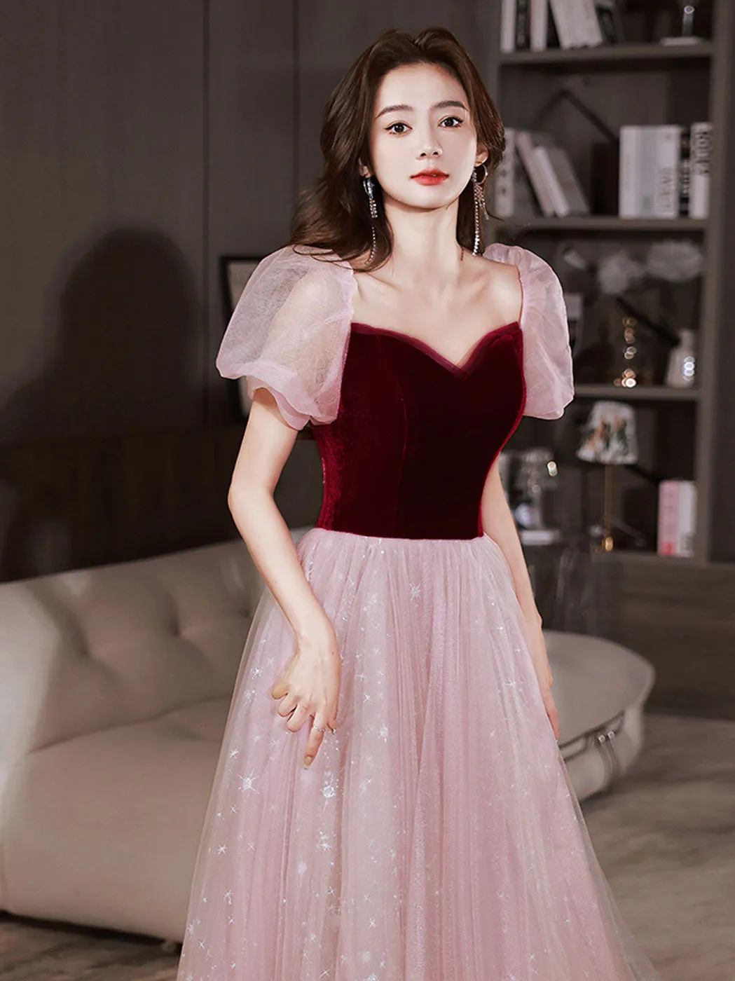Pink A line velvet long prom dress pink tulle long evening dress