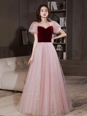 Pink A line velvet long prom dress pink tulle long evening dress