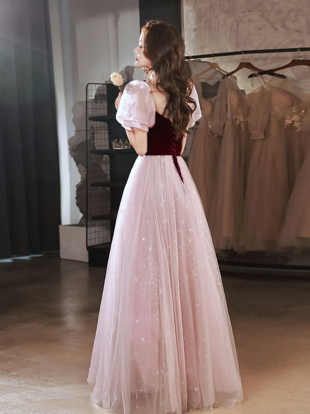Pink A line velvet long prom dress pink tulle long evening dress
