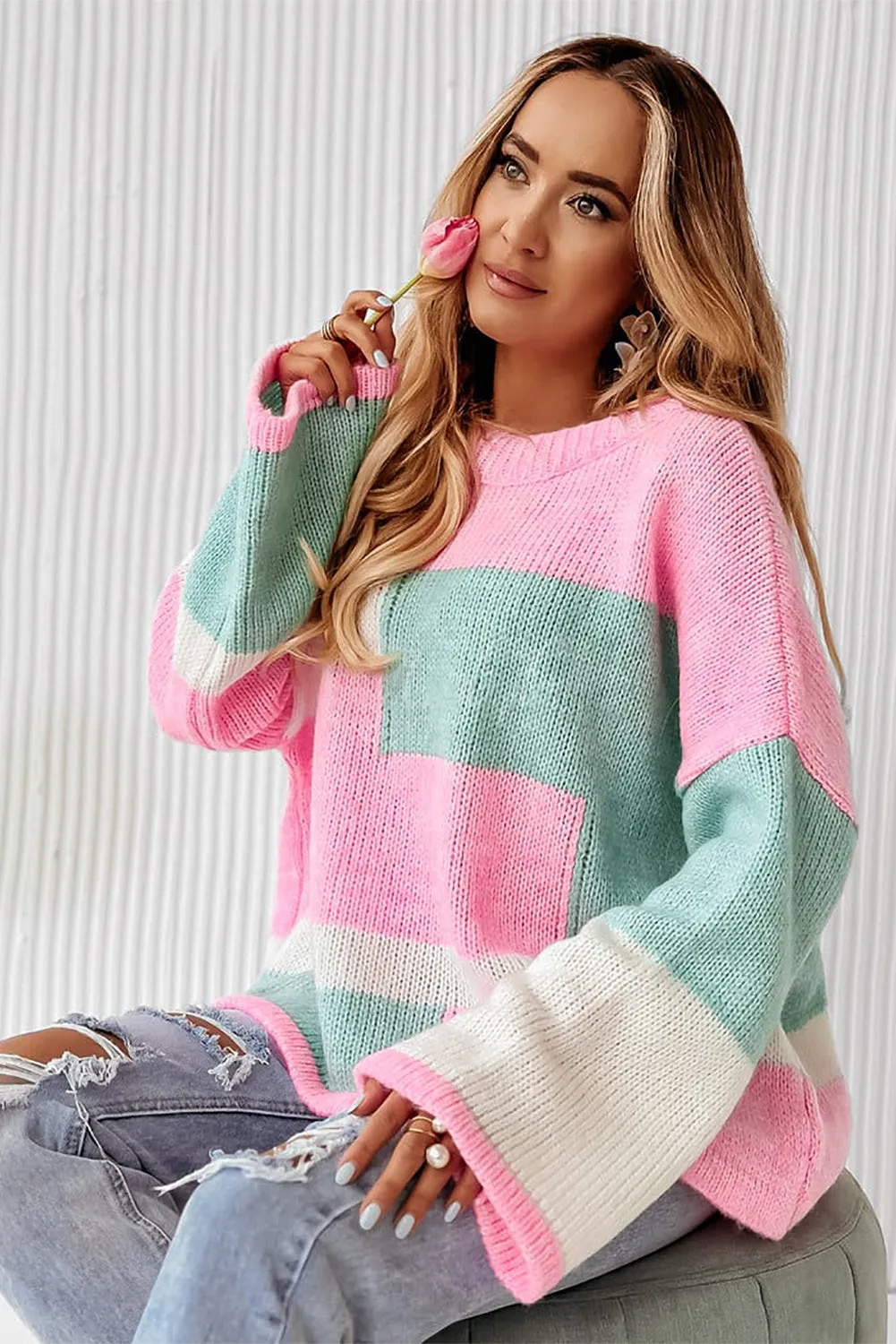 Pink Colorblock Drop Shoulder Bell Sleeve Sweater