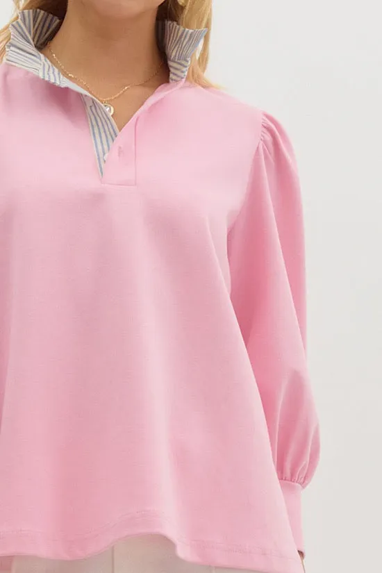 Pink Knit Top with Light Blue Stripe