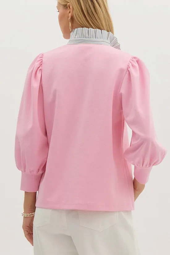 Pink Knit Top with Light Blue Stripe