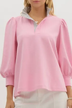Pink Knit Top with Light Blue Stripe