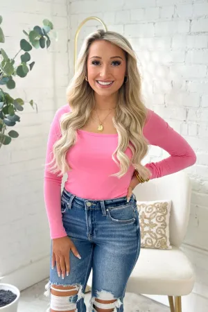 Pink Square Neck Long Sleeve Top