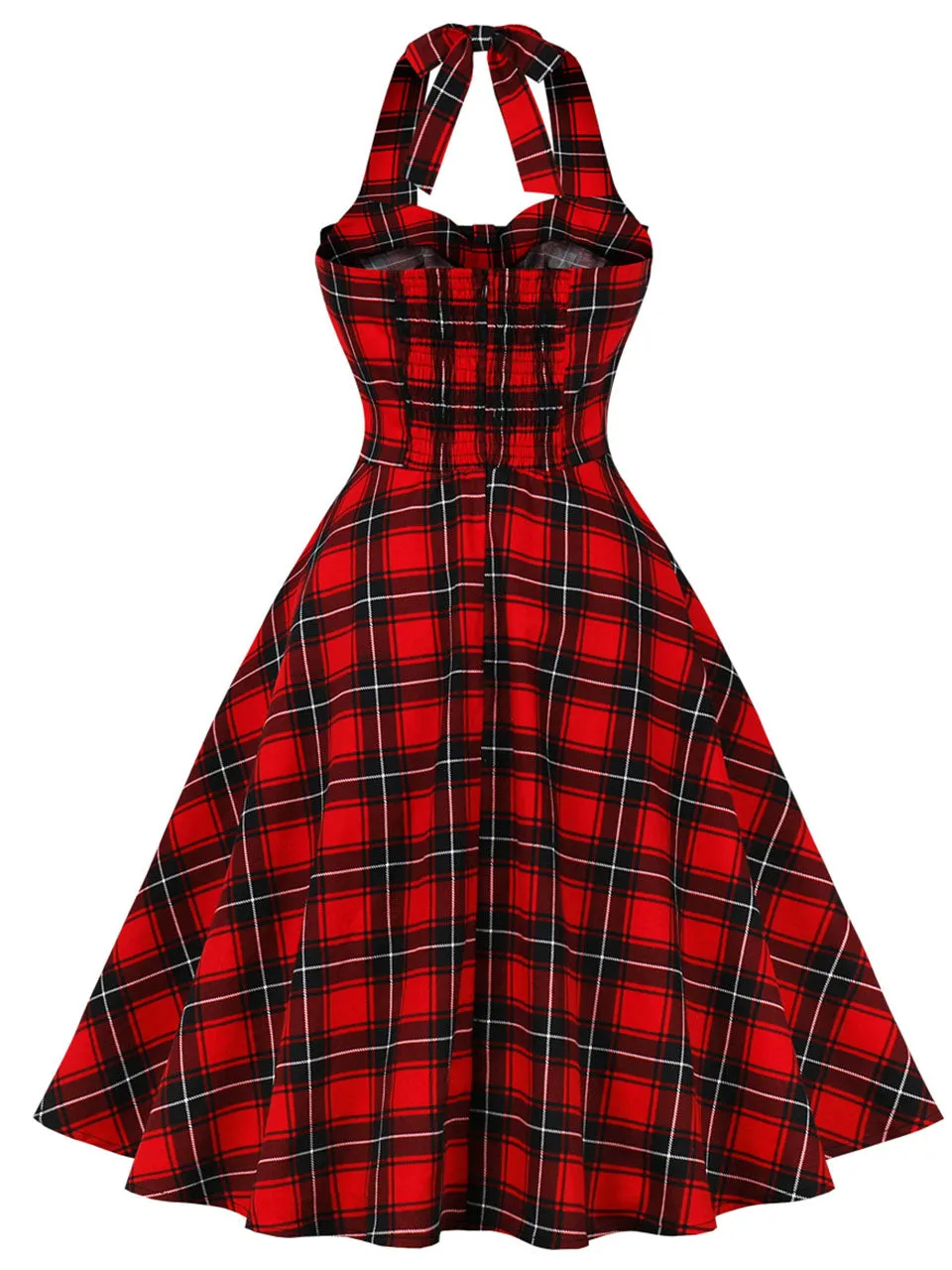 Plaid Off the Shoulder High Waist Halter 1950 Dress
