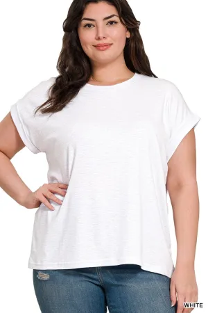 PLUS COTTON MODAL SLUB ROLLED SLEEVE TEE