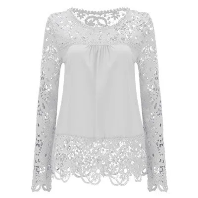 Plus Size 7XL Shirt Chiffon Blouse Hollow Lace Splice Women Tops Long Sleeve Shirt Women Casual Women Tops