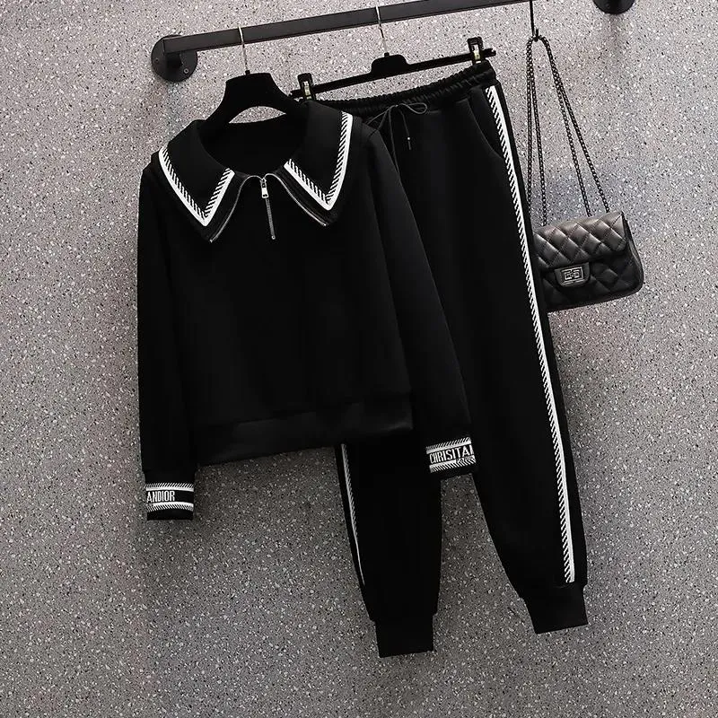 Plus Size Women's 2021 Spring and Autumn Sweater Sports Two-piece Suit