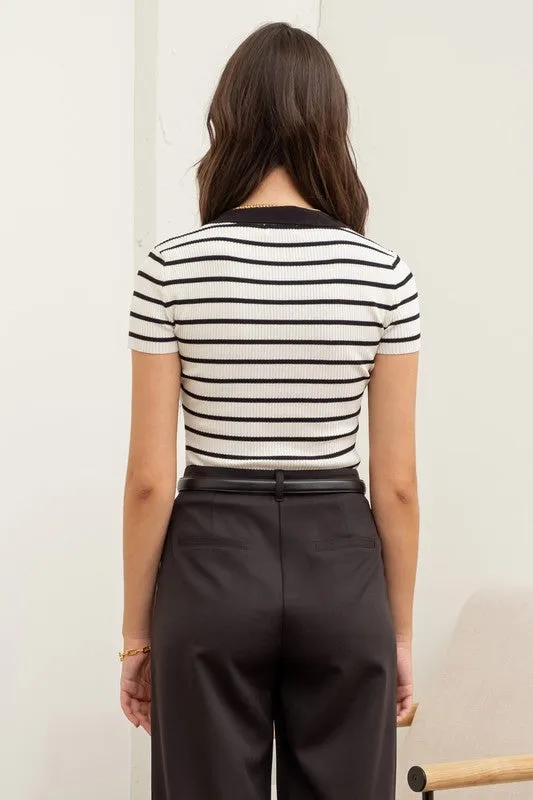 PLUS STRIPE COLLARED SHORT SLEEVE SWEATER