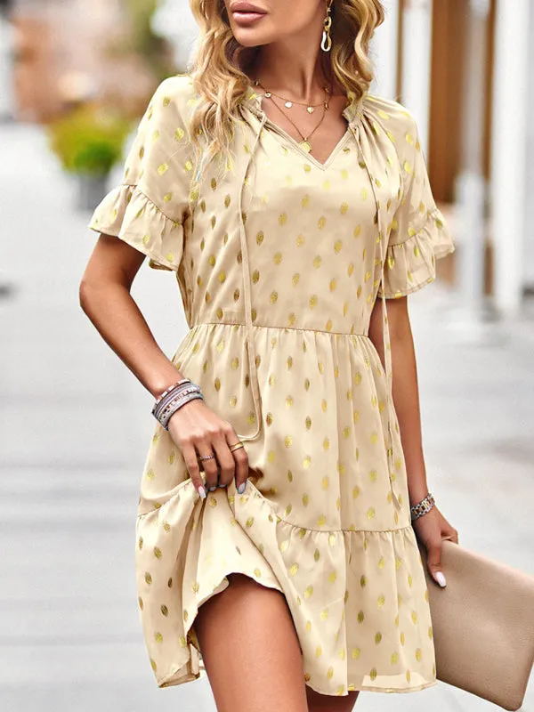 Polka Dot Dress with Tiered Skirt and Ruffled Sleeves