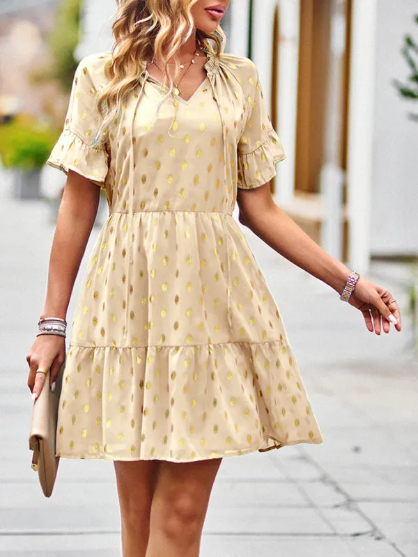 Polka Dot Dress with Tiered Skirt and Ruffled Sleeves