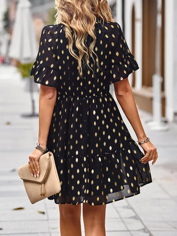 Polka Dot Dress with Tiered Skirt and Ruffled Sleeves