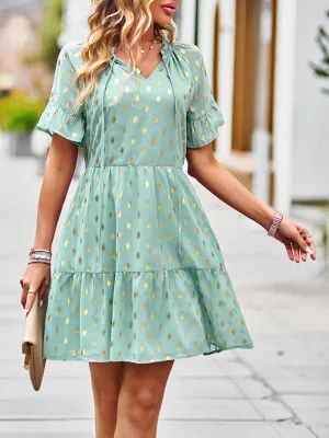 Polka Dot Dress with Tiered Skirt and Ruffled Sleeves