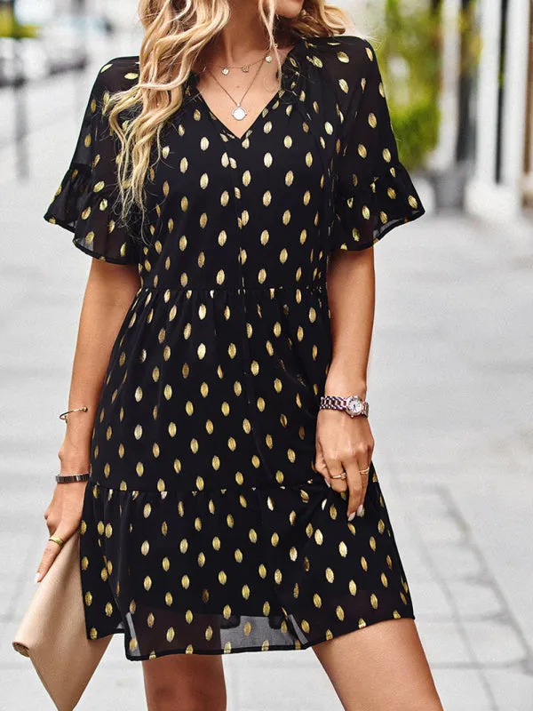 Polka Dot Dress with Tiered Skirt and Ruffled Sleeves