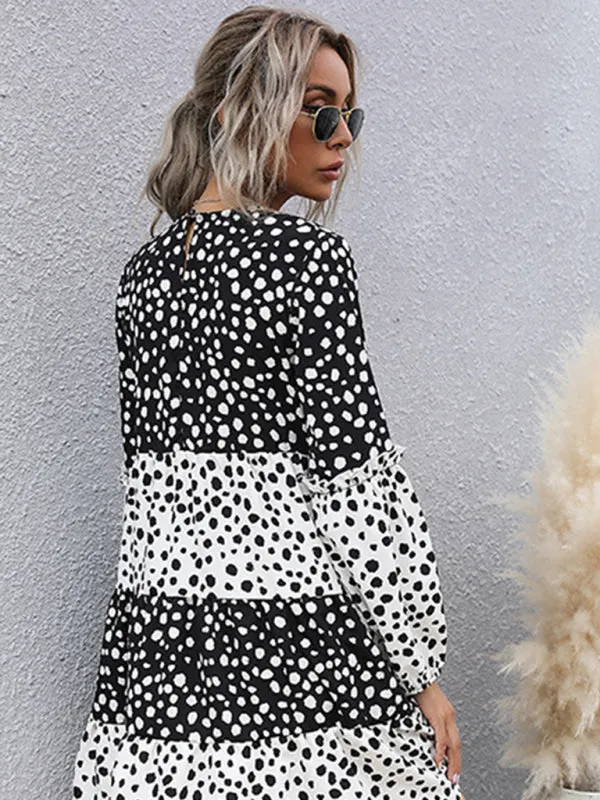 Polka Dot Knit Mini Dress with Long Sleeves and Tiered Design