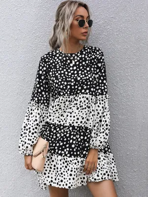 Polka Dot Knit Mini Dress with Long Sleeves and Tiered Design