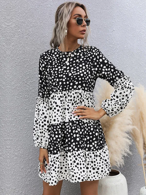Polka Dot Knit Mini Dress with Long Sleeves and Tiered Design