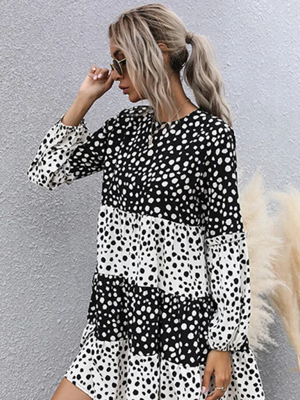 Polka Dot Knit Mini Dress with Long Sleeves and Tiered Design