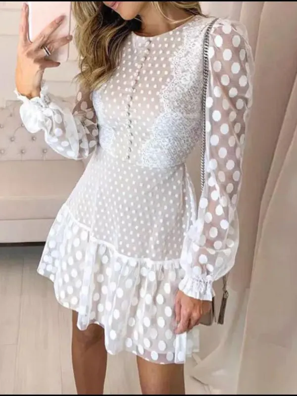 Polka Dot Long Sleeve Dress with Lace Stitching and Ruffled Hem