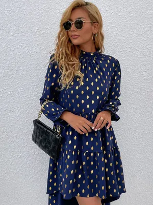 Polka Dot Long Sleeve Tiered Dress with High Neck