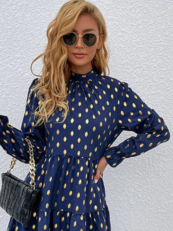 Polka Dot Long Sleeve Tiered Dress with High Neck