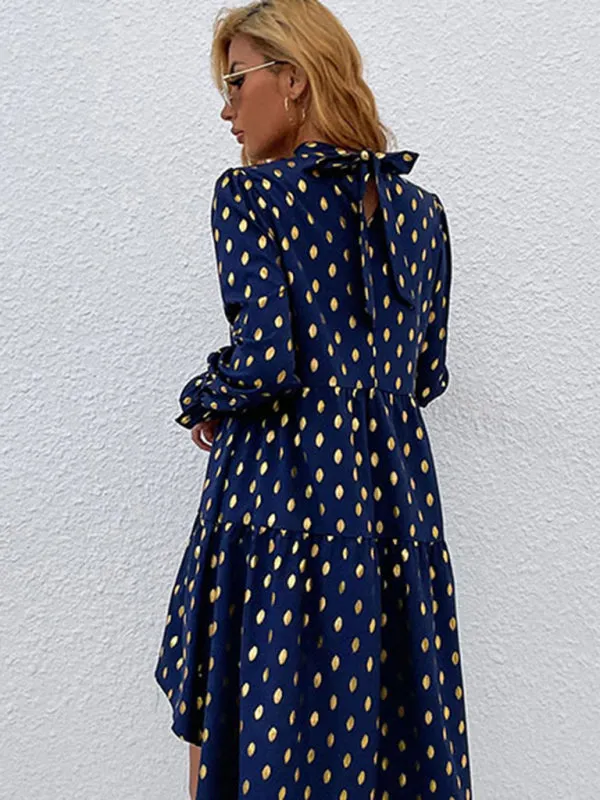 Polka Dot Long Sleeve Tiered Dress with High Neck