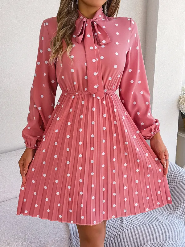 Polka-Dot Long-Sleeved Mini Dress with Pleated Skirt and Bow Tie Neckline