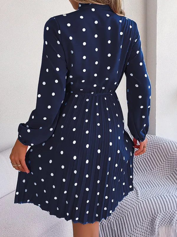 Polka-Dot Long-Sleeved Mini Dress with Pleated Skirt and Bow Tie Neckline