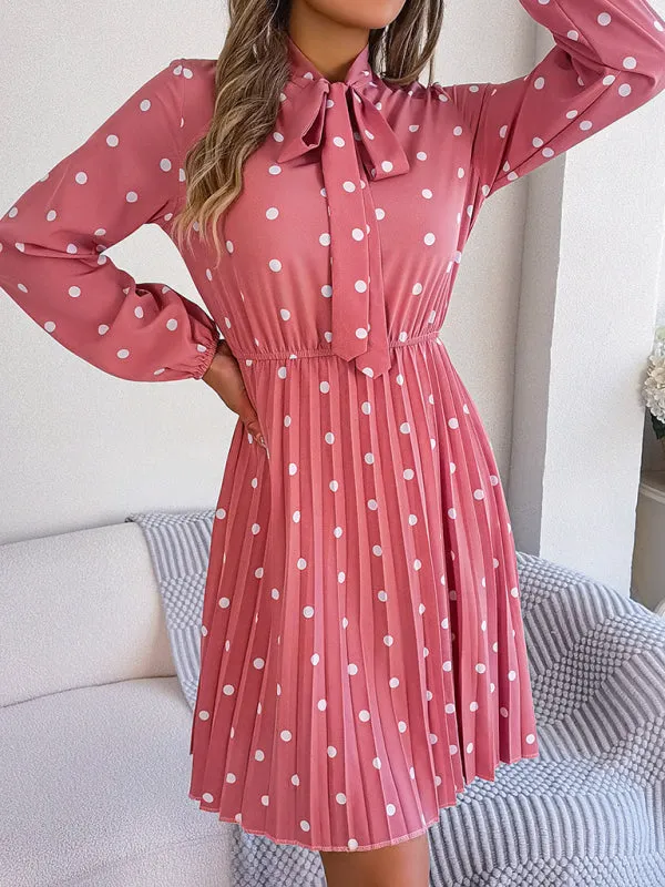 Polka-Dot Long-Sleeved Mini Dress with Pleated Skirt and Bow Tie Neckline
