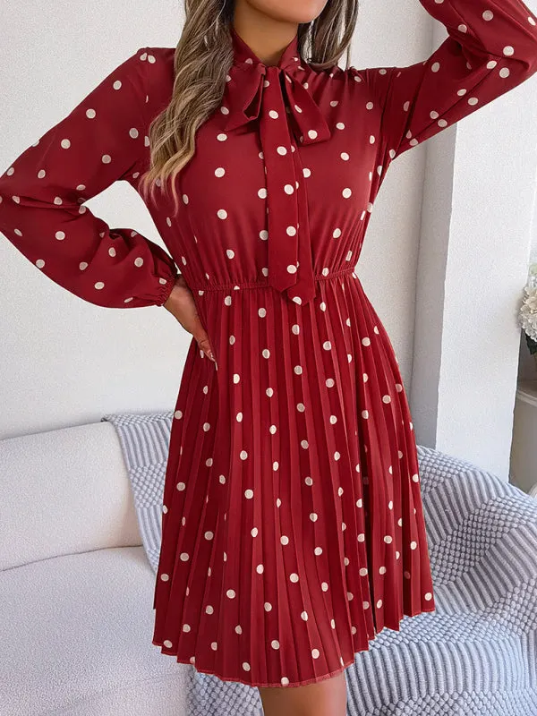 Polka-Dot Long-Sleeved Mini Dress with Pleated Skirt and Bow Tie Neckline
