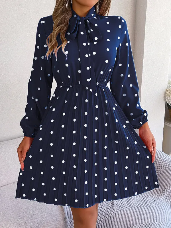 Polka-Dot Long-Sleeved Mini Dress with Pleated Skirt and Bow Tie Neckline