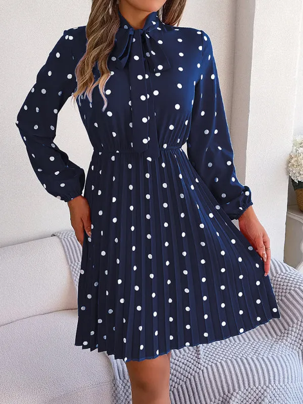 Polka-Dot Long-Sleeved Mini Dress with Pleated Skirt and Bow Tie Neckline