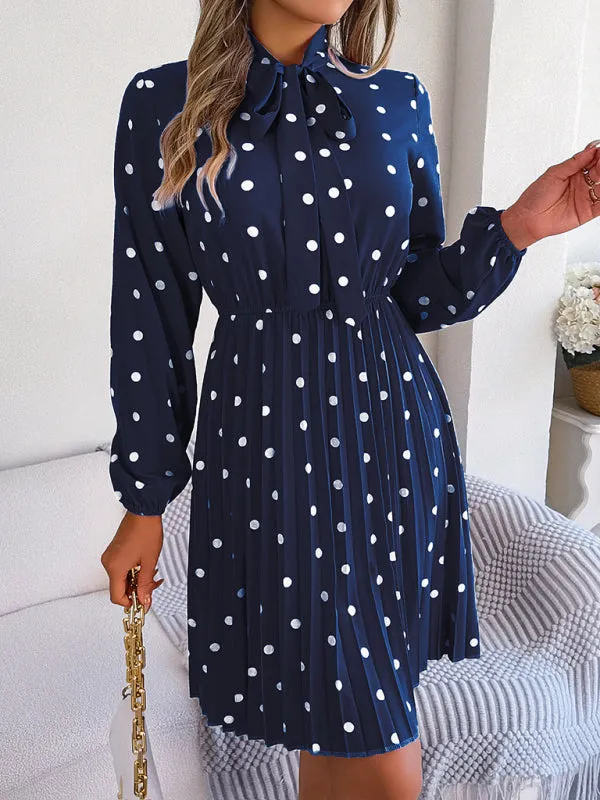 Polka-Dot Long-Sleeved Mini Dress with Pleated Skirt and Bow Tie Neckline