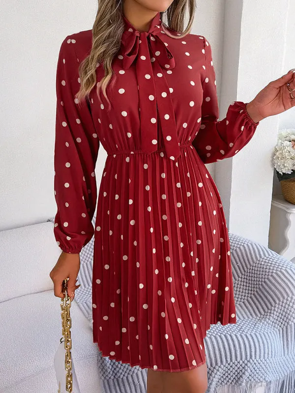 Polka-Dot Long-Sleeved Mini Dress with Pleated Skirt and Bow Tie Neckline