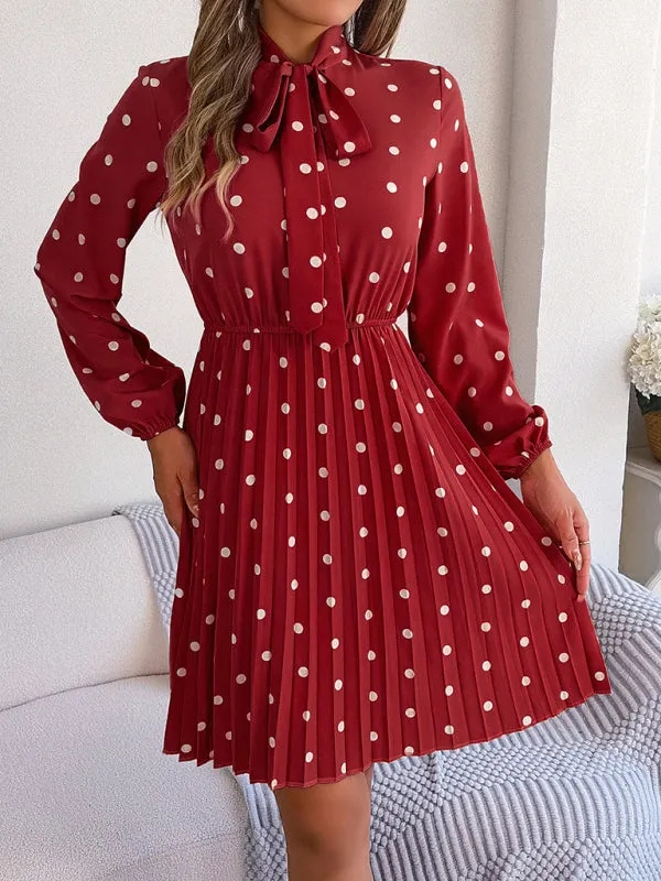 Polka-Dot Long-Sleeved Mini Dress with Pleated Skirt and Bow Tie Neckline