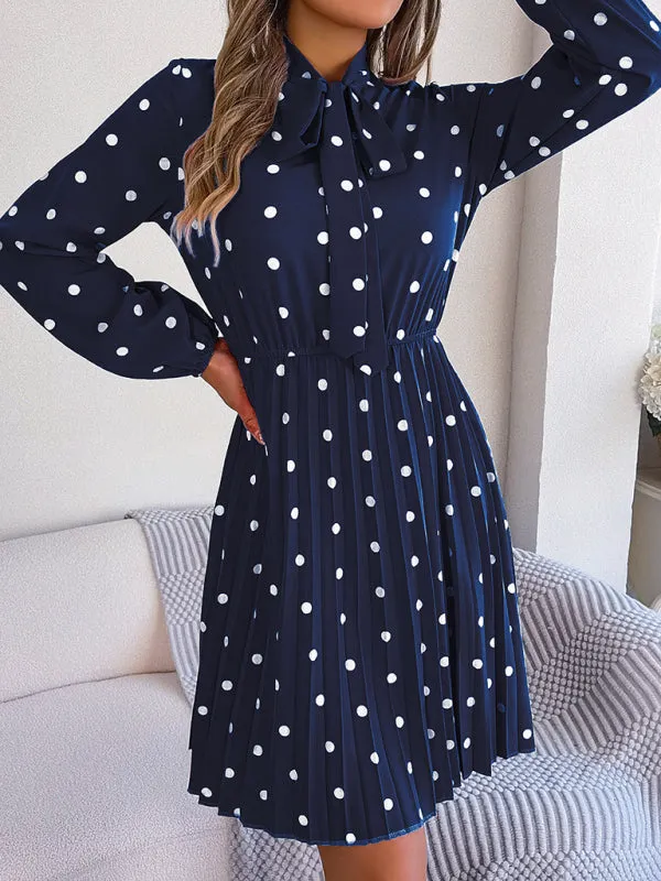 Polka-Dot Long-Sleeved Mini Dress with Pleated Skirt and Bow Tie Neckline