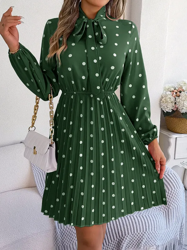 Polka-Dot Long-Sleeved Mini Dress with Pleated Skirt and Bow Tie Neckline