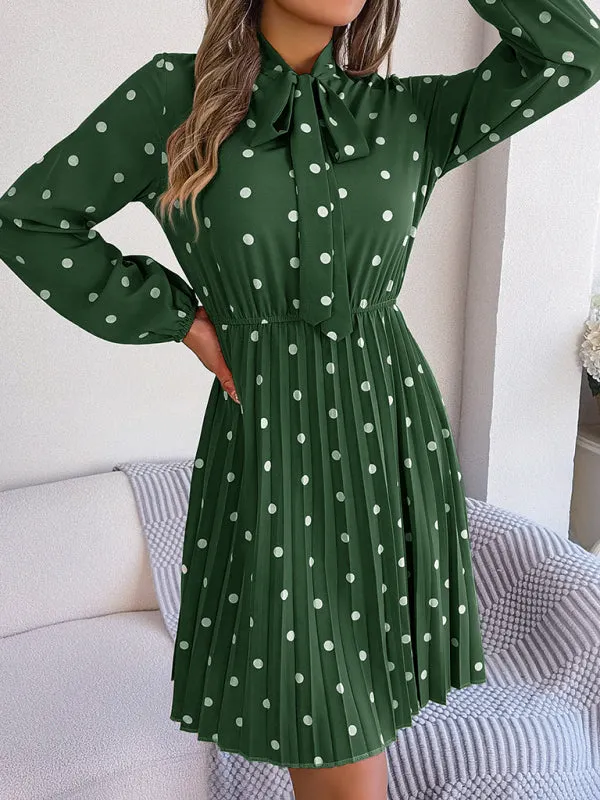 Polka-Dot Long-Sleeved Mini Dress with Pleated Skirt and Bow Tie Neckline
