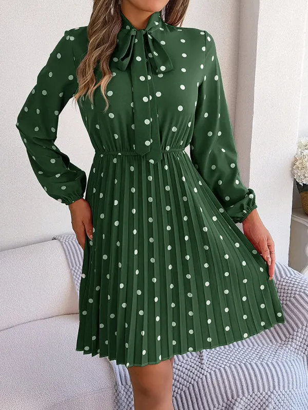 Polka-Dot Long-Sleeved Mini Dress with Pleated Skirt and Bow Tie Neckline