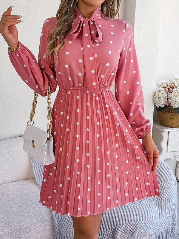 Polka-Dot Long-Sleeved Mini Dress with Pleated Skirt and Bow Tie Neckline