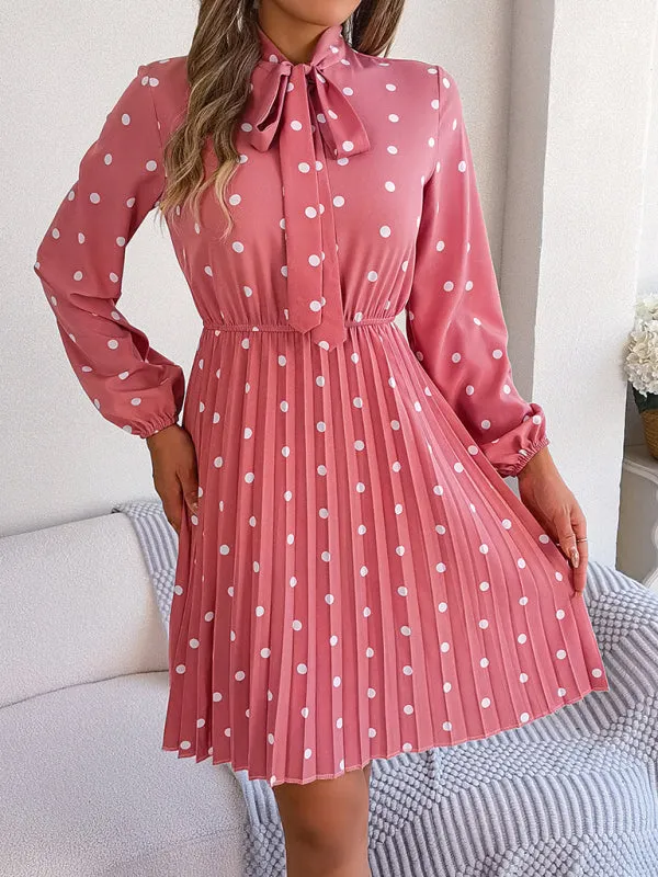 Polka-Dot Long-Sleeved Mini Dress with Pleated Skirt and Bow Tie Neckline
