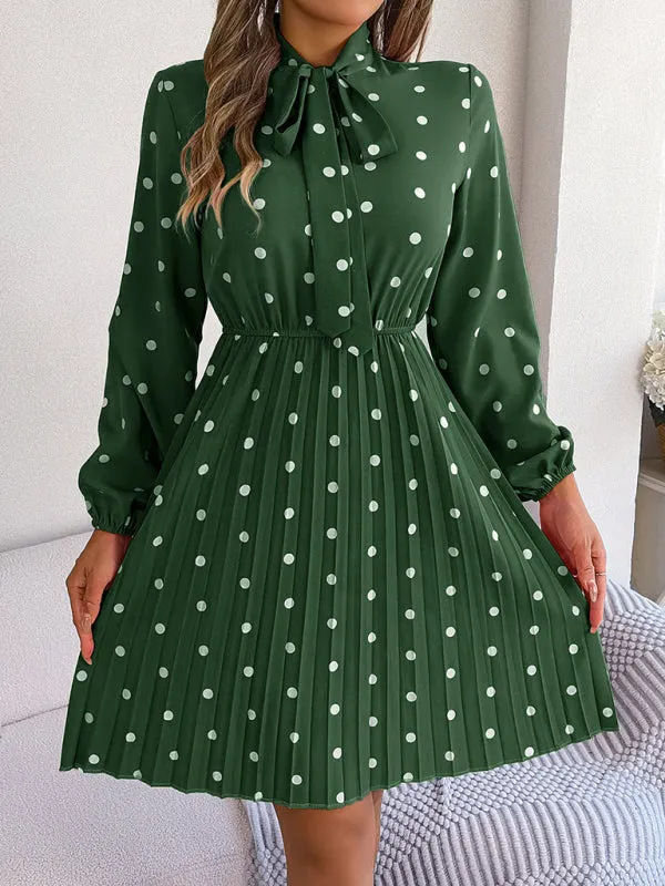Polka-Dot Long-Sleeved Mini Dress with Pleated Skirt and Bow Tie Neckline