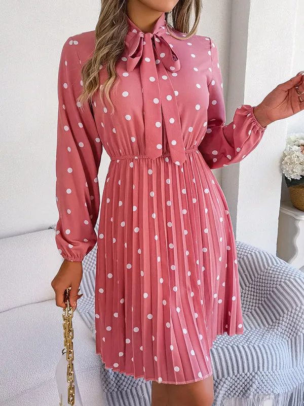 Polka-Dot Long-Sleeved Mini Dress with Pleated Skirt and Bow Tie Neckline